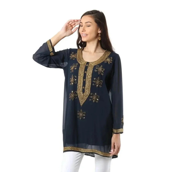 Novica Hand Embroidered Beads Semi-Sheer Dazzle Tunic Navy Size S - Picture 3 of 11